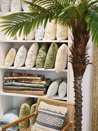 Mediterranean decoration display with decorative cushions, colourful textiles, artificial palm tree and natural woven furniture