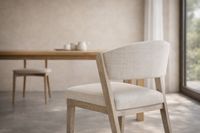 ash wood dining chair with linen upholstery detail in mediterranean interior mallorca