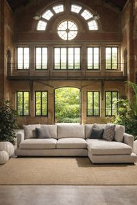 Saint Tropez linen sofa with chaise longue in Mediterranean style living room – Lifestyle Mallorca