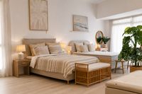 Mediterranean bedroom furniture with natural textiles, bedside tables, benches and soft neutral styling in a relaxed Mallorca sh Mediterranean bedroom furniture with natural textiles, bedside tables, benches and soft neutral styling in a relaxed Mallorca sh